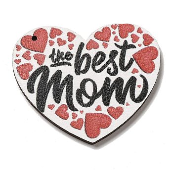 Mother's Day Theme Wooden Pendants, Heart, 39.5x46.5x2.5mm, Hole: 1.6mm