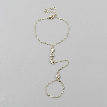 304 Stainless Steel Rhinestone Flat Round Link Finger Ring Bracelets for Women, Light Gold, 7-1/8 inch(18cm)