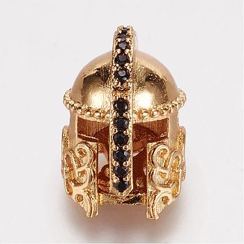Brass Micro Pave Cubic Zirconia Beads, Gladiator Helmet Charms, Golden, 15x10x12mm, Hole: 1mm