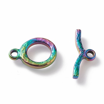 Ion Plating(IP) 304 Stainless Steel Toggle Clasps, Textured, Ring, Rainbow Color, Ring: 16x12x2mm, Hole: 2mm, Bar: 18x6x2mm, Hole: 2mm