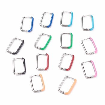 Two Tone 304 Stainless Steel Rectangle Huggie Hoop Earrings with Enamel for Women, Stainless Steel Color, Mixed Color, 20x13x2mm, Pin: 1mm