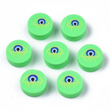 Handmade Polymer Clay Beads, Flat Round with Evil Eye, Spring Green, 9.5~10x4.5mm, Hole: 1.6mm