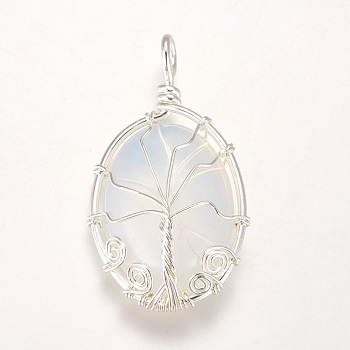 Opalite Pendants, with Brass Findings, Oval with Tree, Silver Color Plated, 39~39.5x22~23x9~10mm, Hole: 4mm