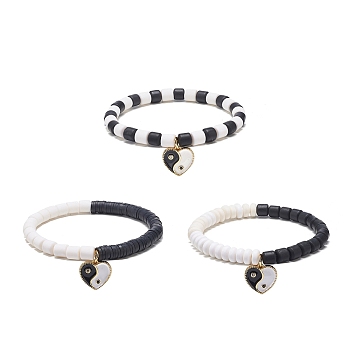 3Pcs 3 Style Handmade Polymer Clay Beaded Stretch Bracelets Set, Clear Cubic Zirconia Heart Yin Yang Charms Stackable Bracelets for Women, Black and White, Inner Diameter: 2-1/4 inch(5.55cm), 1Pc/style