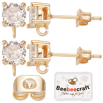 20Pcs Brass Stud Earring Findings, with Clear Cubic Zirconia & Vertical Loops & 20Pcs Ear Nuts, Real 18K Gold Plated, 7.5x5mm, Hole: 1.5mm, Pin: 0.7mm