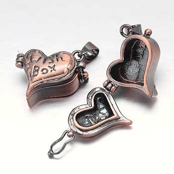 Heart Rack Plating Brass Prayer Box Pendants, Wish Box, Nickel Free, Red Copper, 22x21x11mm, Hole: 5x3mm