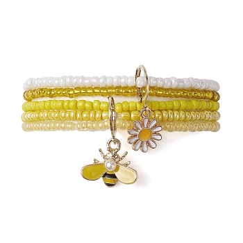5Pcs 5 Style Bees & Flower Alloy Enamel Charm Bracelets Set, Glass Seed Beaded Stretch Bracelets, Yellow, Inner Diameter: 2-1/4~2-1/2 inch(5.7~6.3cm), 1Pc/style