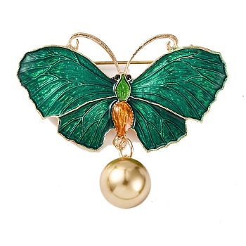 KC Gold Plated Alloy Brooches, Butterfly Enamel Pins with Resin Beads, Green, 50x46x11.9mm