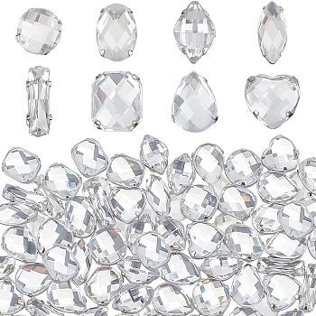 80Pcs 8 Style Acrylic Sew on Rhinestone, Acrylic Mirror, Two Holes, Garments Accessories, Faceted, Rectangle & Rhombus & Oval & Teardrop & Heart & Flat Round & Horse Eye, Crystal, 12~15x5~12mm, 10pcs/style