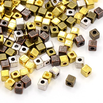 Tibetan Style Alloy Cube Spacer Beads, Cadmium Free & Nickel Free & Lead Free, Mixed Color, 4x4x4mm, Hole: 2mm, about 640pcs/200g
