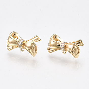 Brass Cubic Zirconia Stud Earring Findings, with Loop, Bowknot, Clear, Nickel Free, Real 18K Gold Plated, 9.5~10.5x17mm, Hole: 0.8mm, Pin: 0.8mm