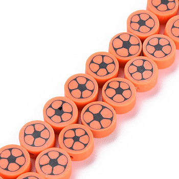 Handmade Polymer Clay Bead Strands, Flat Round with Football, Coral, 8~9x4~5mm, Hole: 1.2~1.4mm, about 40~41pcs/strand, 13.62 inch~13.86 inch(34.6cm~35.2cm)