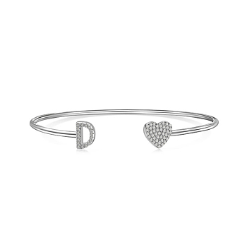 Heart & Letter Rhodium Plated 925 Sterling Silver Micro Pave Cubic Zirconia Cuff Bangles for Women, Letter D, 0.2~0.8cm, Inner Diameter: 1-7/8x2-1/4 inch(4.85x5.65cm) 