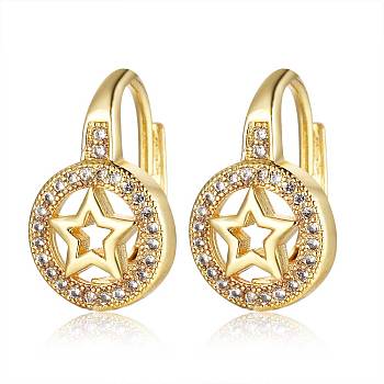 Brass Micro Pave Cubic Zirconia Pentacle Leverback Earrings, Flat Round with Star, Clear, Golden, 16x13x10.5mm, Pin: 1mm