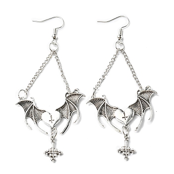 Alloy Bat Wing with Cross Dangle Earrings for Halloween, Antique Silver, 93x39.5mm