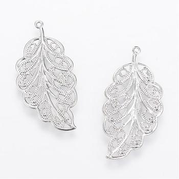 304 Stainless Steel Pendants, Hollow, Leaf, Stainless Steel Color, 34x17x1mm, Hole: 1mm