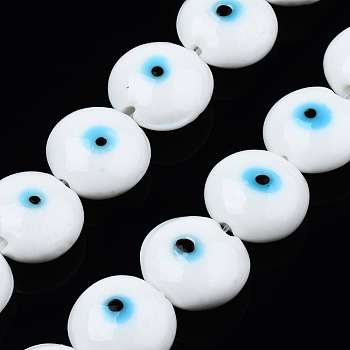 Handmade Evil Eye Lampwork Beads Strands, Flat Round, White, 14~16x16~17x8.5~9mm, Hole: 1mm, about 25pcs/strand, 14.96 inch(38cm)