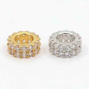 Brass Micro Pave Cubic Zirconia Beads Flat Round Spacer, Mixed Color, 7.5x3mm, Hole: 4mm