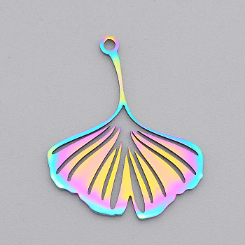 Ion Plating(IP) 201 Stainless Steel Pendants, Laser Cut, Ginkgo Leaf, Rainbow Color, 26x21.5x1mm, Hole: 1.5mm