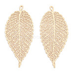 Rack Plating Brass Filigree Big Pendants, Long-Lasting Plated, Leaf Charm, Nickel Free, Light Gold, 55.5x24x0.4mm, Hole: 1.4mm(X-KKC-T001-55KC)