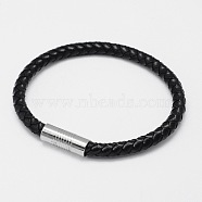 Braided Leather Cord Bracelets, with 304 Stainless Steel Magnetic Clasps, Black, 7-7/8 inch(20cm), 6mm(X-BJEW-I199-02)