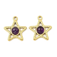 Natural Amethyst Pendants, Ion Plating(IP) 316 Stainless Steel Star Charms, Real 24K Gold Plated, 20x17.5x5mm, Hole: 1.8mm(STAS-K258-24G-07)