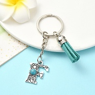 Alloy with Resin Imitation Synthetic Turquoise Keychain, with Tassel Pendant and Iron Rings, Letter F, 8cm, Pendant: 26~35mm(KEYC-YW00087-06)