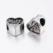304 Stainless Steel European Beads, Large Hole Beads, Heart with Word Hope, Antique Silver, 10.5x11.5x8mm, Hole: 5mm(STAS-E131-26AS)