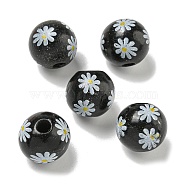 Printed Wood European Beads, Round with Daisy Pattern, Black, 15.5~16mm, Hole: 4~4.5mm(WOOD-G022-19E)