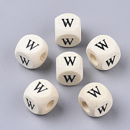 Printed Natural Wood Beads, Horizontal Hole, Cube with Initial Letter, PapayaWhip, Letter.W, 10x10x10mm, Hole: 3.5mm, about 1000pcs/500g(WOOD-T026-001W)