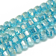 Electroplate Glass Beads Strands, Rainbow Plated, Faceted, Round, Deep Sky Blue, 6x5x5mm, Hole: 1mm, about 95~96pcs/strand, 17.20 inch(43.7cm)(EGLA-Q094-A09)