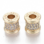 Brass Micro Pave Cubic Zirconia European Beads, Nickel Free, Column with Beloved, Clear, Real 18K Gold Plated, 9x9mm, Hole: 4mm(KK-S348-480-NF)