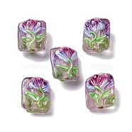 Handmade Lampwork Beads, Rectangle with Flower, Flamingo, 15.5x13x9.5mm, Hole: 2.5mm(LAMP-K042-03A)