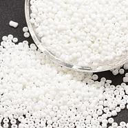 8/0 Glass Seed Beads, Grade A, Round, Opaque Colours, White, 2.8~3.2mm, Hole: 1.0mm, about 1500pcs/50g(X-SEED-J014-F8-41)