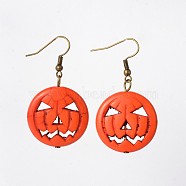 Halloween Pumpkin Jack-O'-Lantern Jack o Lantern Synthetic Turquoise Dangle Earrings, with Brass Earring Hooks, Antique Bronze, 45mm, Pin: 0.7mm(EJEW-JE01571-02)