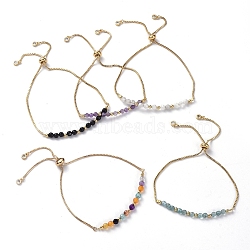 Adjustable Natural Gemstone Slider Bracelets, Bolo Bracelets, with Brass Box Chains, Cubic Zirconia, Brass Round Beads and Cardboard Packing Box, 9 inch(23cm)(BJEW-JB04929)
