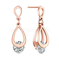 SHEGRACE Stainless Steel Dangle Stud Earrings, with Grade AAA Cubic Zirconia, teardrop, Clear, Rose Gold, 7.5x4.5mm, 12.9x7.5mm(JE690A)