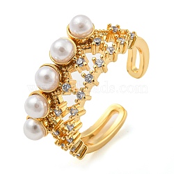 Brass Micro Pave Cubic Zirconia Open Finger Ring, with Plastic Imitation Pearl, Cadmium Free & Lead Free, Long-Lasting Plated, Real 18K Gold Plated, US Size 8(18.1mm)(RJEW-C069-03G)