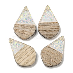 Wooden Pendants, Resin and Gold Foil, Teardrop, Clear AB, 28x18x4mm, Hole: 2mm(FIND-B042-12A)