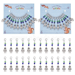 Robot Pendant Stitch Markers, Alloy & Glass Seed Bead Crochet Lobster Clasp Charms, Locking Stitch Marker with Wine Glass Charm Ring, Antique Silver & Platinum, 4.4cm, 12pcs/set, 2 sets/box(HJEW-AB00294)