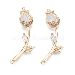 Brass Micro Pave Clear Cubic Zirconia Link Connectors, with Shell, Nickel Free, Flower, Real 18K Gold Plated, 33.5x11.5x4mm, Hole: 0.9mm(KK-Q278-004-NF)