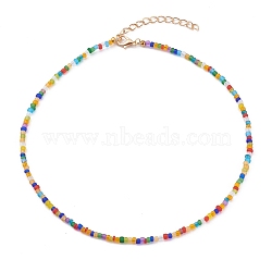 Round Transparent Frosted Glass Seed Beaded Necklaces, with Alloy Lobster Claw Clasps, Golden, Colorful, 15.07 inch(38.5cm)(NJEW-JN03362-05)