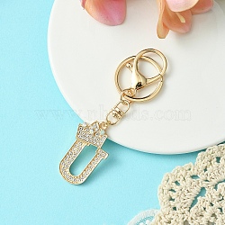 Golden Alloy Rhinestone Keychain, with Alloy Clasp and Iron Rings, Letter U, 10cm, Pendant: 43mm(KEYC-YW00105-21)