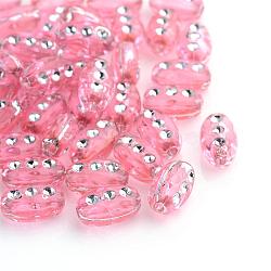 Plating Transparent Acrylic Beads, Silver Metal Enlaced, Oval, Pink, 9.5x6x4.5mm, Hole: 1.5mm, about 3300pcs/500g(PACR-Q105-06)