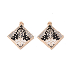 Rack Plating Alloy Enamel Pendants, Rhombus with Leaf Charm, Cadmium Free & Nickel Free & Lead Free, Black, 28x25x2mm, Hole: 1.5mm(FIND-I038-04B)