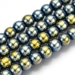 Electroplate Glass Beads Strands, Pearl Luster Plated, Faceted, Round, Sky Blue, 6x5.5~6mm, Hole: 1mm, about 138~141pcs/strand, 30.47~32''(77.4~80cm)(EGLA-T02-6mm-13A)