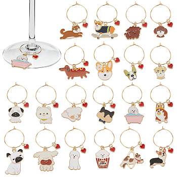 Dog Alloy Enamel Wine Glass Charms, with 316 Surgical Stainless Steel Hoop Earrings, Golden, 64mm, 20 Style, 1pc/style, 20pcs/set