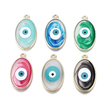Alloy Enamel Pendants, Golden, Oval with Evil Eye Patter, Mixed Color, 34x20x3mm, Hole: 2.2mm