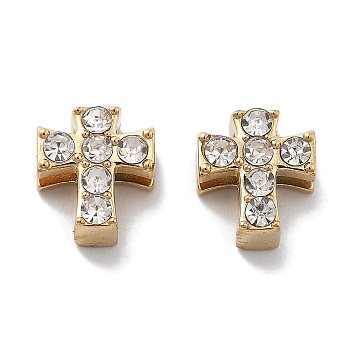 PVD Vacuum Plating 304 Stainless Steel Rhinestone Beads, Real 18K Gold Plated, Cross, 8.5x7x4mm, Hole: 6.5x1.4mm