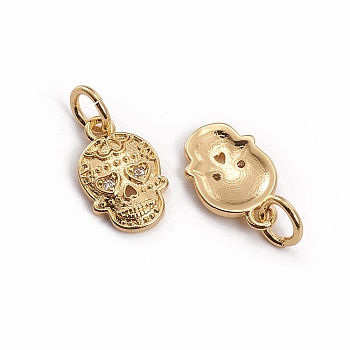 Golden Plated Brass Micro Pave Cubic Zirconia Charms, with Jump Rings, Sugar Skull, Clear, 12.5x7.5x1.5mm, Hole: 3.5mm